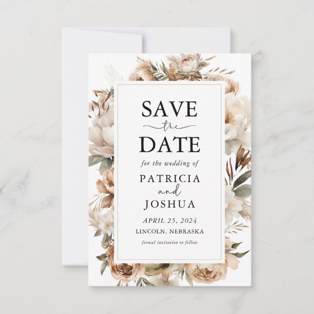 Rustic Boho Floral Wedding Save The Date Card (Front)