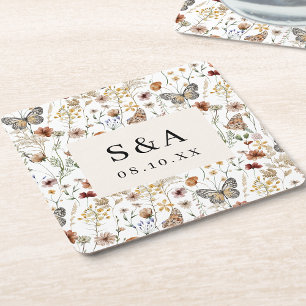 Rustic Boho Floral Wedding Square Paper Coaster