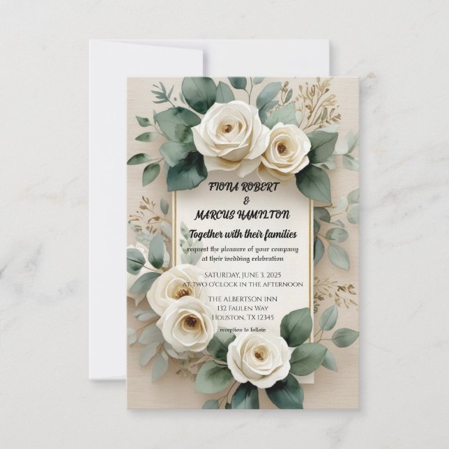Rustic Boho Floral White Roses & Beige Linen Save The Date (Front)