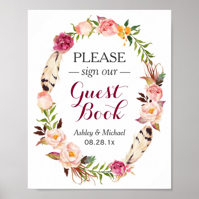 Rustic Boho Floral Wreath Guestbook Wedding Sign (Front)