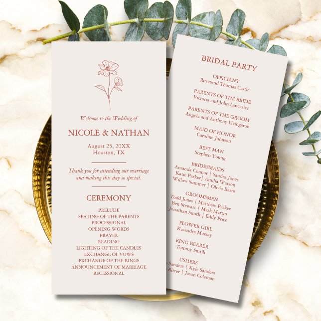 Rustic Boho Flower Terracotta Brown Wedding Programme (Rustic Boho Flower Terracotta Brown Wedding Program)