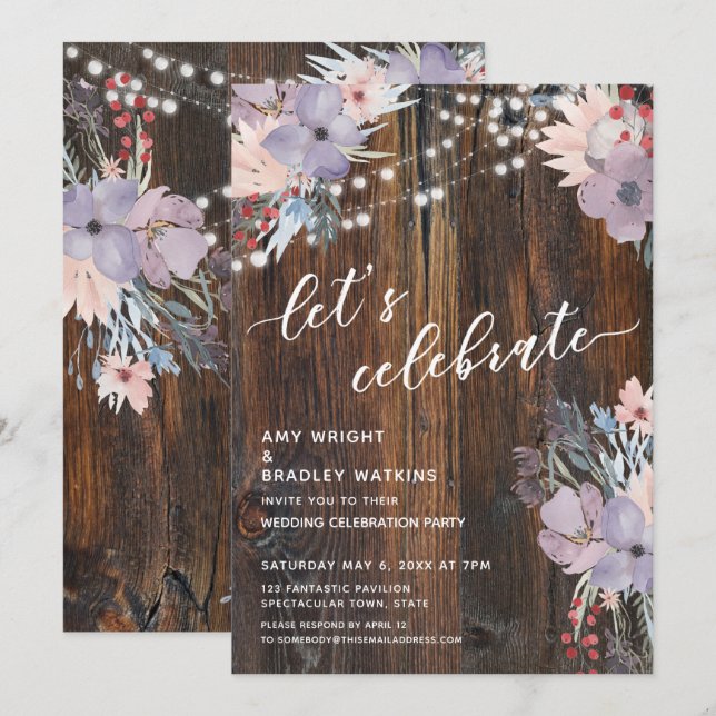 Rustic Boho Flowers & Lights Let's Celebrate Invitation (Front/Back)