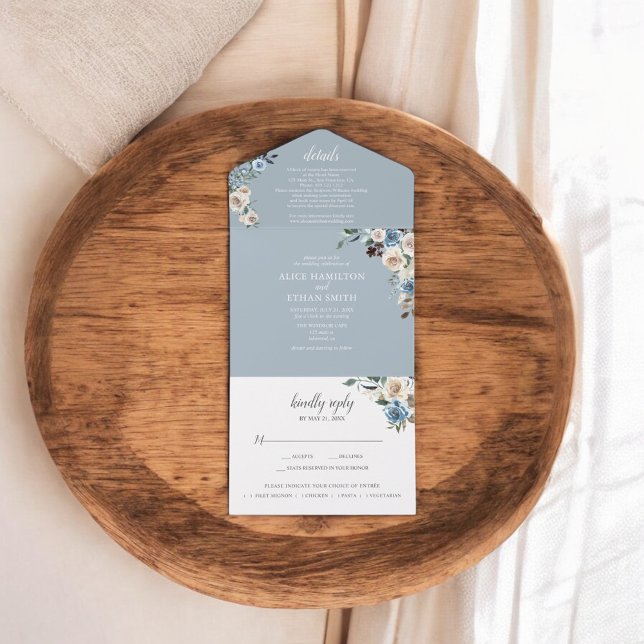 Rustic Boho Flowers Script Winter Dusty Blue All In One Invitation (Creator Uploaded)