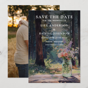 Rustic Boho Forest Floral Mason Jar Photo Wedding Save The Date