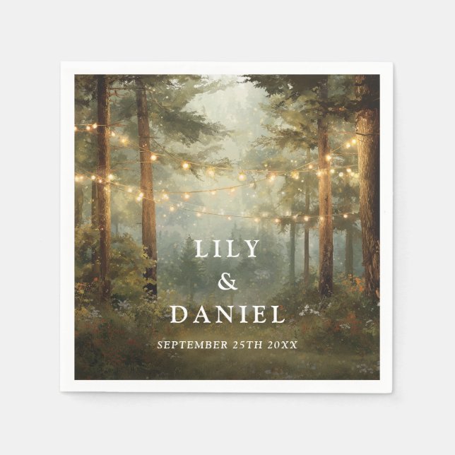 Rustic Boho Forest String Lights Photo Wedding Napkin (Front)