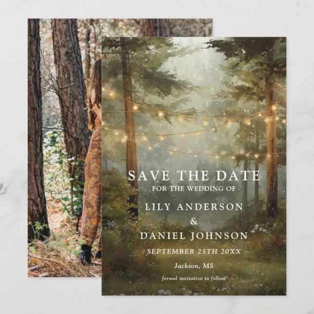 Rustic Boho Forest String Lights Photo Wedding Save The Date (Front/Back)