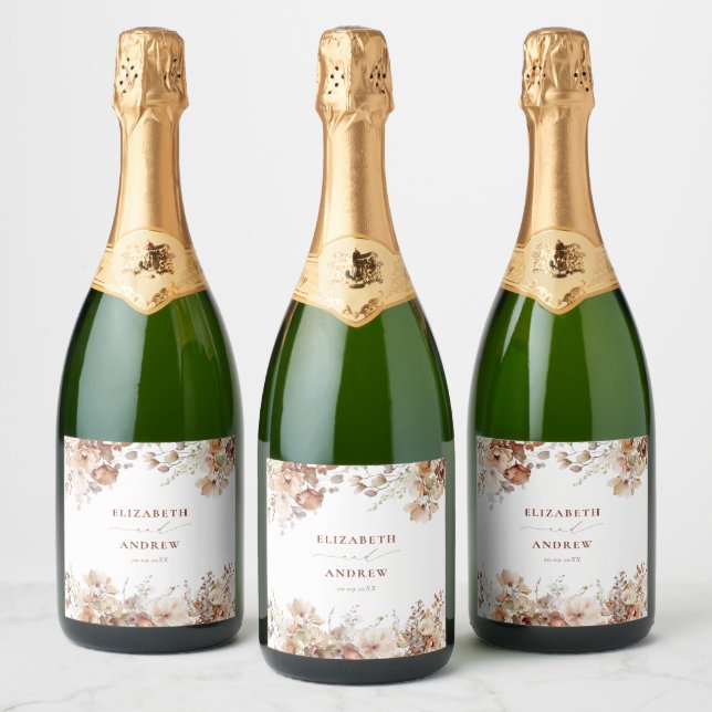 Rustic Boho Garden Flowers Wedding Sparkling Wine Label (Bottles)