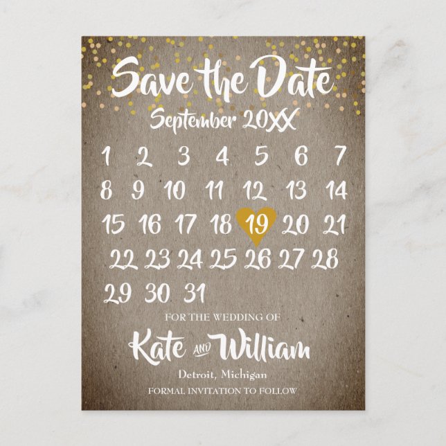 Rustic Boho Gold Love Heart Calendar Save the Date Announcement Postcard (Front)
