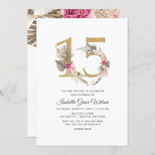 Rustic Boho Gold Pampas QUINCEANERA Invitation