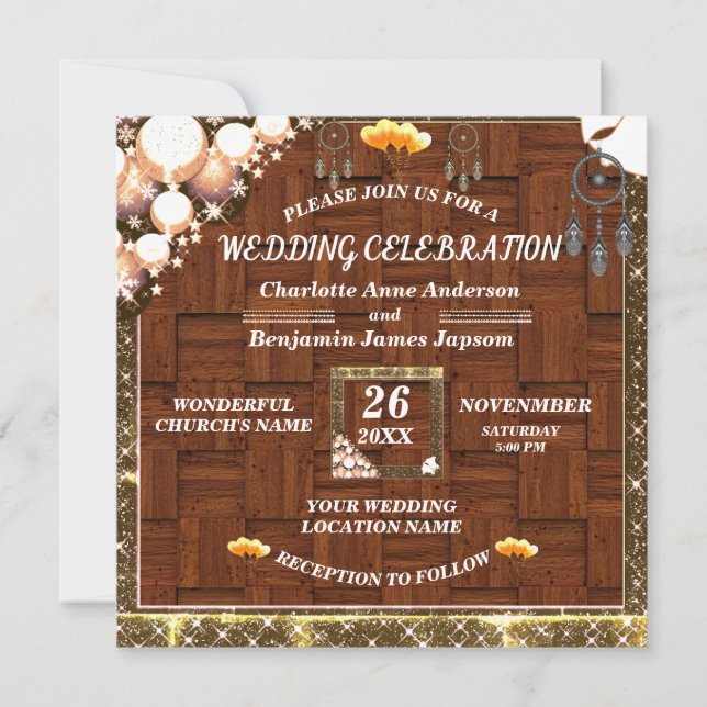 Rustic Boho Golden Glitter  Dream Catcher Wedding Invitation (Front)