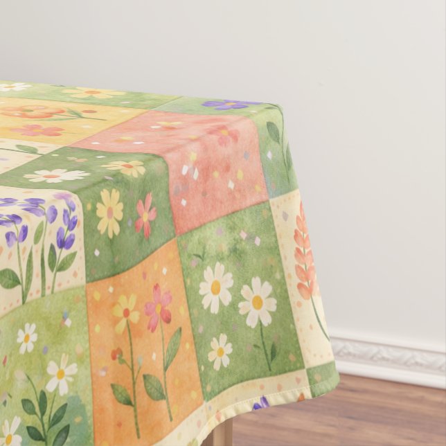 Rustic Boho Green & Orange Quilt Floral Patchwork  Tablecloth (In Situ)
