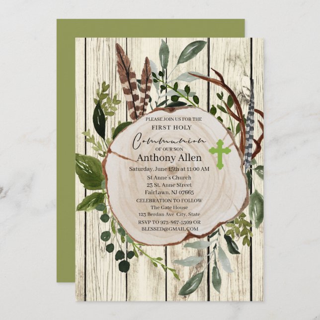 Rustic Boho Greenery First Holy Communion Invitation (Front/Back)