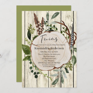 Rustic Boho Greenery Twins Baby Shower Invitation