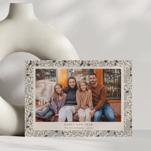 Rustic Boho Grey Stylish Botanical Photo New Year Holiday Card