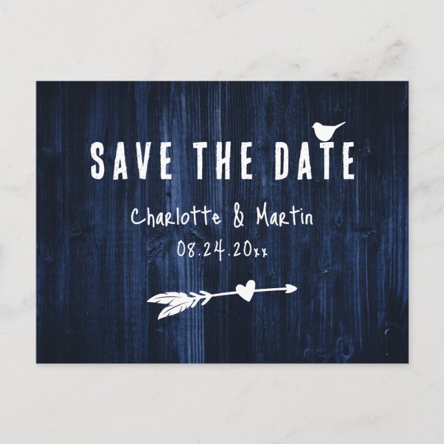 Rustic Boho Heart Navy Blue Wedding Save The Date Postcard (Front)