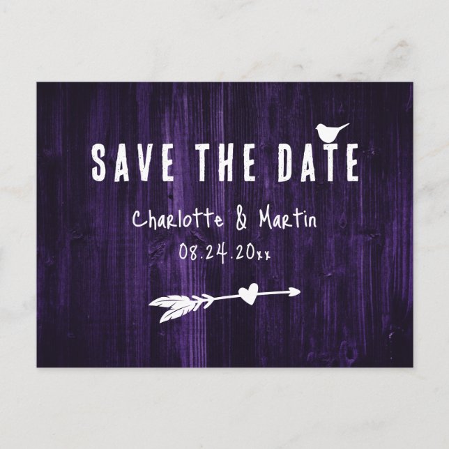 Rustic Boho Heart Purple Wedding Save The Date Postcard (Front)