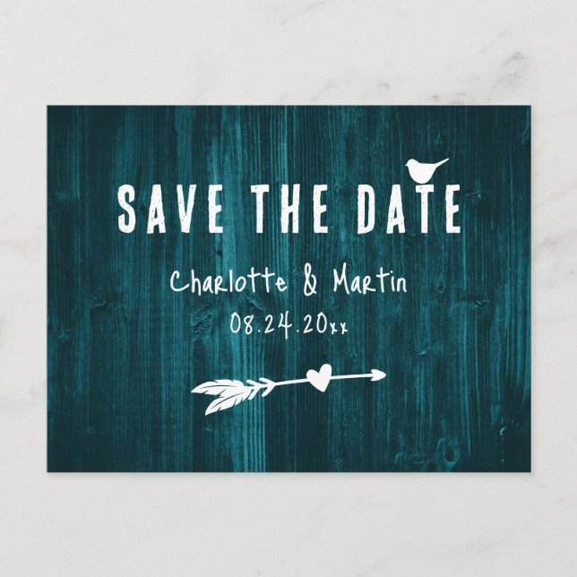 Rustic Boho Heart Teal Wedding Save The Date Postcard (Front)