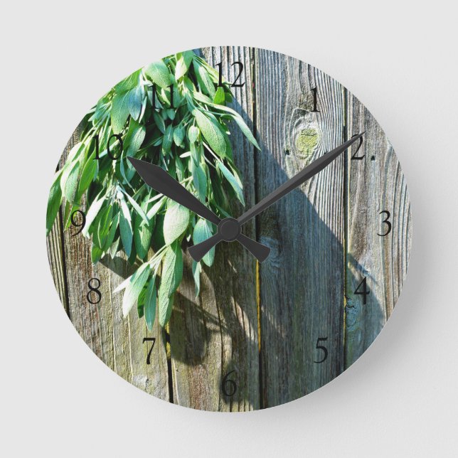 Rustic boho herbs Barn-wood Round Clock (Front)