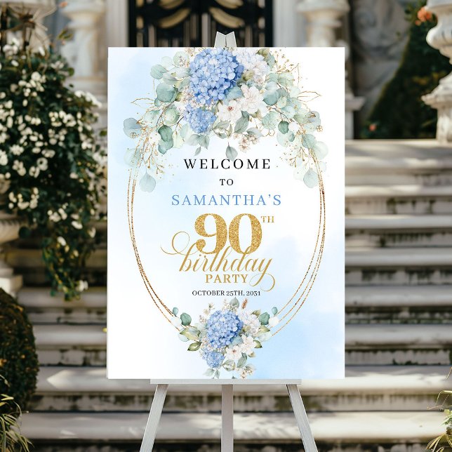 Rustic Boho Hydrangeas Gold 90th Birthday Welcome Poster (Rustic Boho Hydrangeas Gold 90th Birthday Welcome)