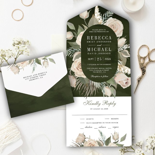 Rustic Boho Ivory Roses Dark Sage Green Wedding All In One Invitation (Creator Uploaded)