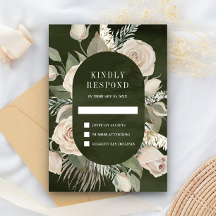Rustic Boho Ivory Roses Dark Sage Green Wedding RSVP Card