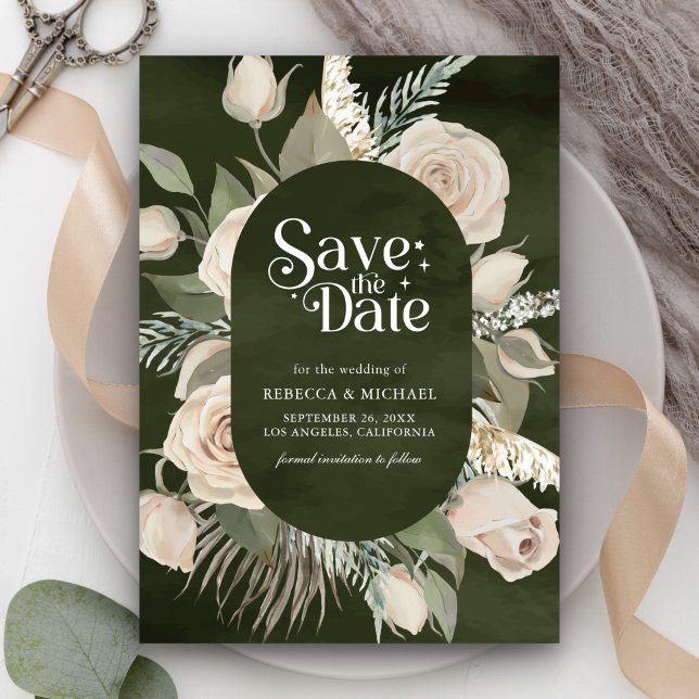 Rustic Boho Ivory Roses Dark Sage Wedding Save The Date (Creator Uploaded)