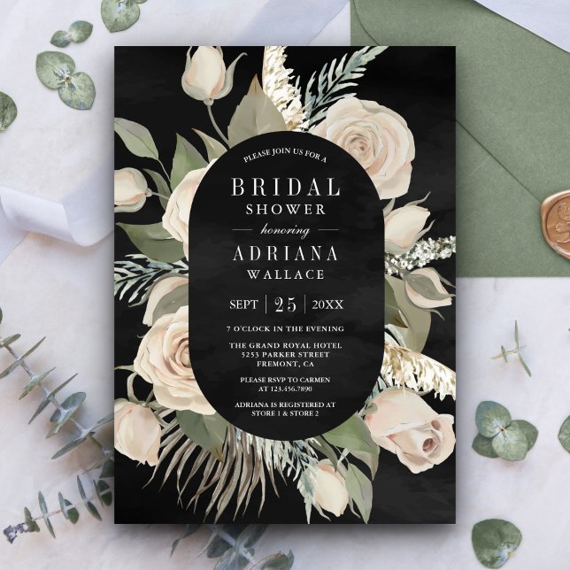 Rustic Boho Ivory Roses Sage Black Bridal Shower Invitation (Creator Uploaded)