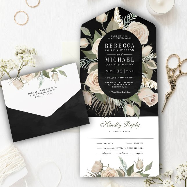 Rustic Boho Ivory Roses Sage Green Black Wedding All In One Invitation (Creator Uploaded)