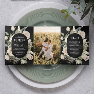 Rustic Boho Ivory Roses Sage Green Black Wedding Tri-Fold Invitation