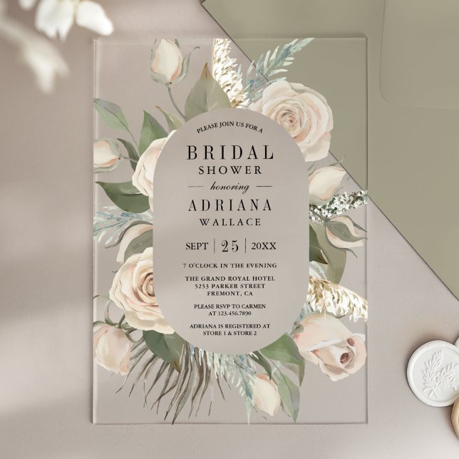Rustic Boho Ivory Roses Sage Green Bridal Shower Acrylic Invitations (Creator Uploaded)