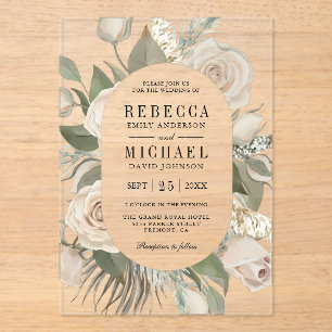 Rustic Boho Ivory Roses Sage Green Leaves Wedding Acrylic Invitations