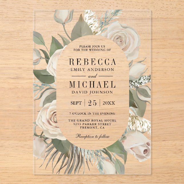 Rustic Boho Ivory Roses Sage Green Leaves Wedding Acrylic Invitations (Front)