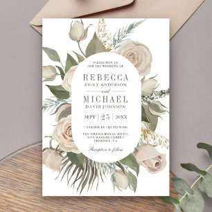 Rustic Boho Ivory Roses Sage Green Leaves Wedding Invitation
