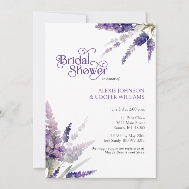 Rustic Boho Lavender Flowers Purple Bridal Shower Invitation (Front)