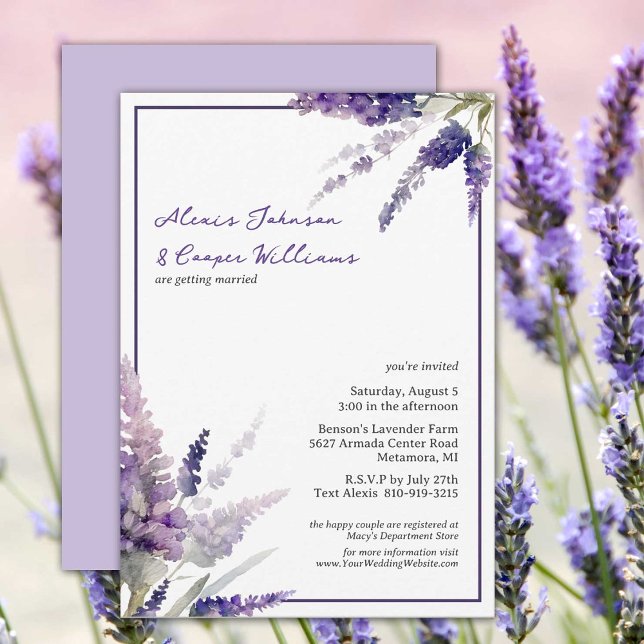 Rustic Boho Lavender Flowers Purple Wedding Invitation (Lavender blooms set the scene for this rustic country style wedding invitation.  Modern calligraphy.)