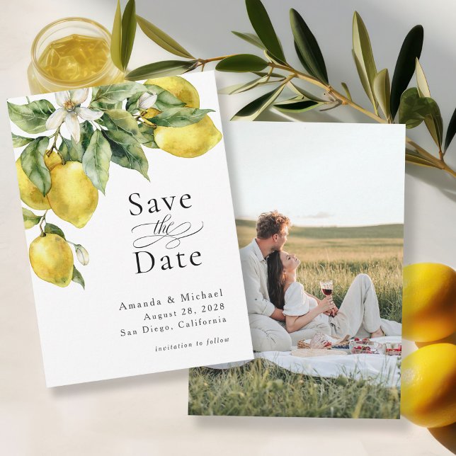 Rustic Boho Lemons Photo Save the Date Card (Available in both printed and digital download formats.)