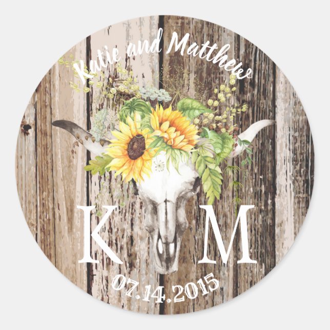 Rustic Boho Longhorn Sunflower Monogram Wedding Classic Round Sticker (Front)