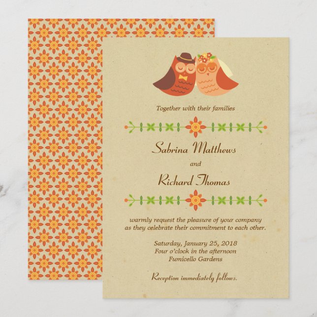 Rustic Boho Lovebird Owl Couple Wedding Invitation (Front/Back)