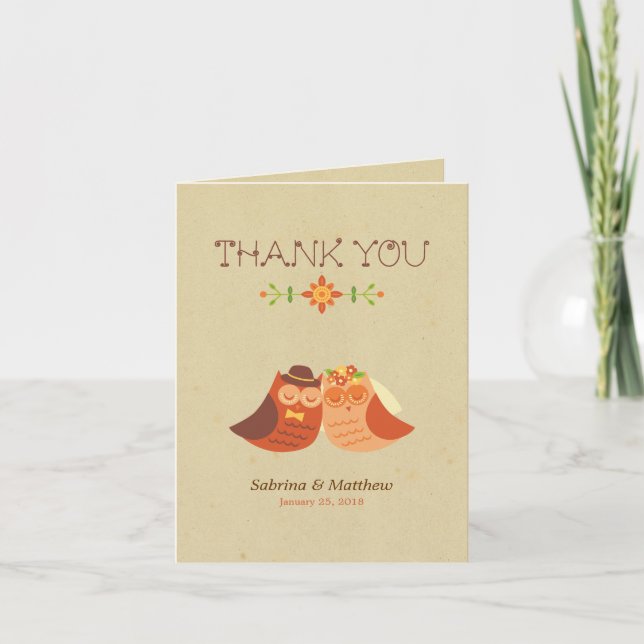 Rustic Boho Lovebird Owl Couple Wedding Thank You Card (Front)