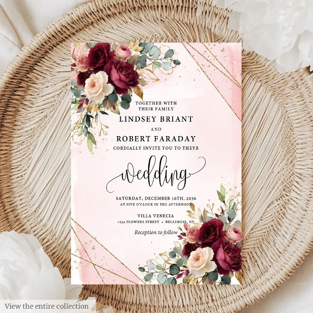 Rustic Boho Maroon Gold Blush Roses Wedding Invite (Rustic Boho Maroon Gold Blush Roses Wedding Invitation)
