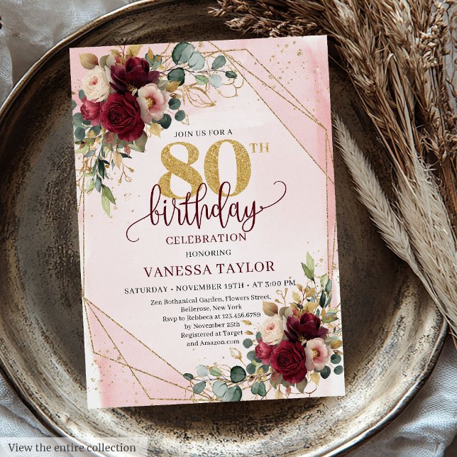 Rustic Boho Maroon Gold Roses 80th Birthday Invite (Rustic Boho Maroon Gold Roses 80th Birthday Invitation)