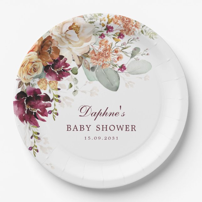 Rustic Boho Maroon Terracotta Floral Baby Shower Paper Plate (Front)