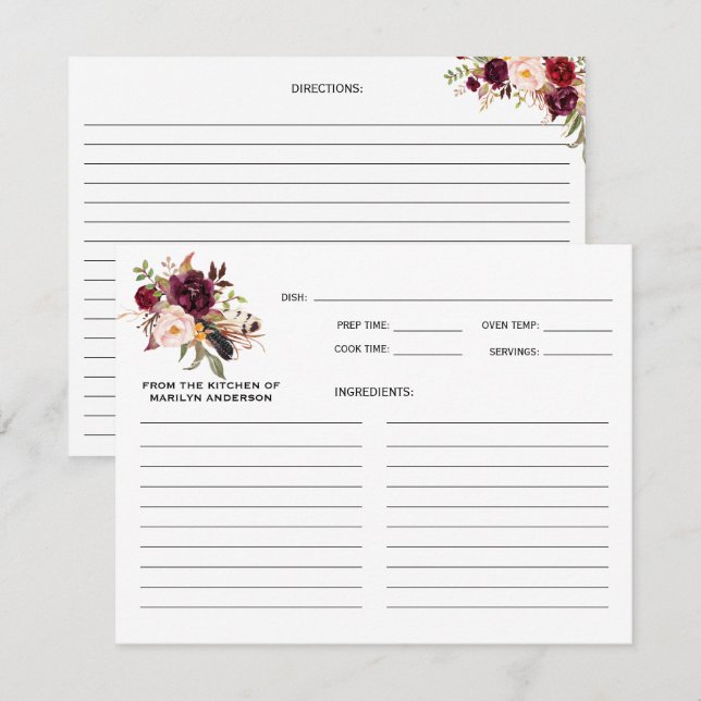 Rustic Boho Marsala Burgundy Floral Recipe Cards (Front/Back)