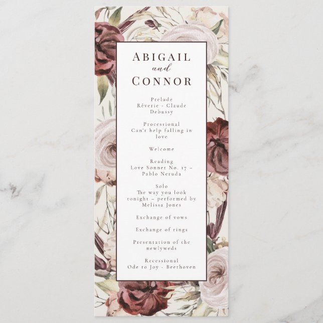 Rustic Boho Marsala Cream Floral Programme (Front)