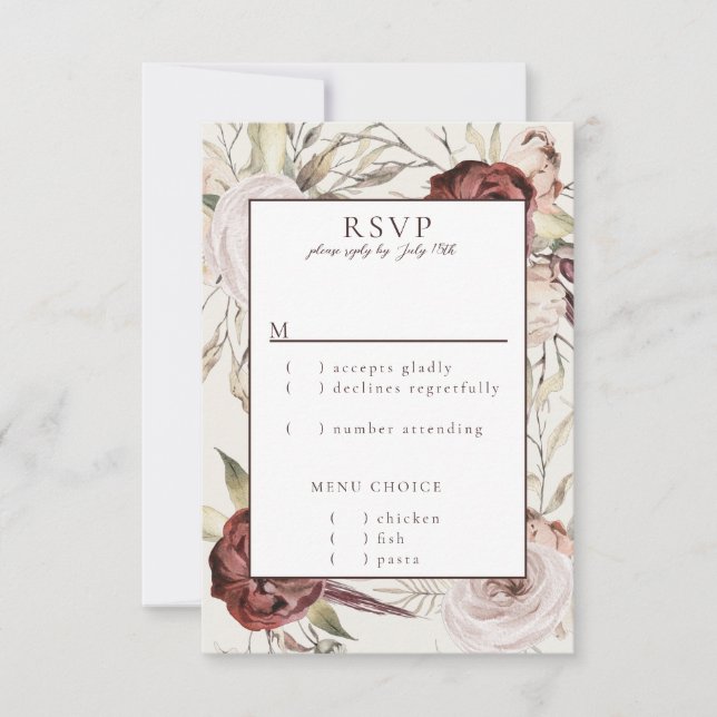 Rustic Boho Marsala Cream Floral RSVP Card (Front)