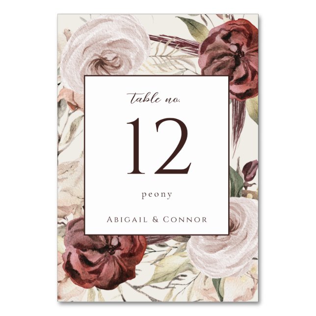 Rustic Boho Marsala Cream Floral Table Number (Front)