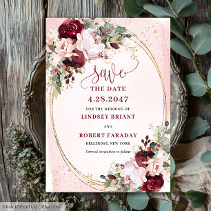 Rustic Boho Merlot Blush Gold Flowers Save Date Invitation