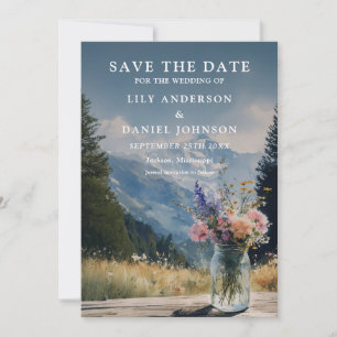 Rustic Boho Mountain Floral Mason Jar Wedding Save The Date