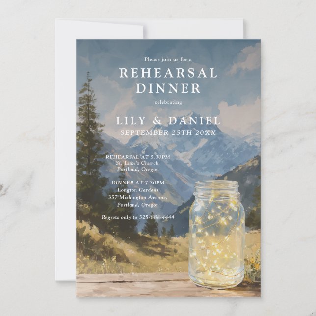 Rustic Boho Mountain Mason Jar Rehearsal Dinner Invitation (Front)