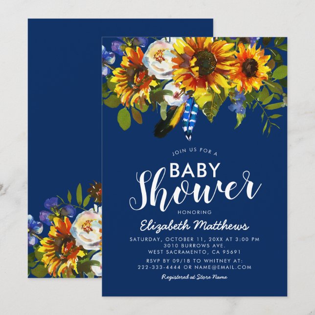 Rustic Boho Navy Blue Sunflower Baby Shower Invitation (Front/Back)